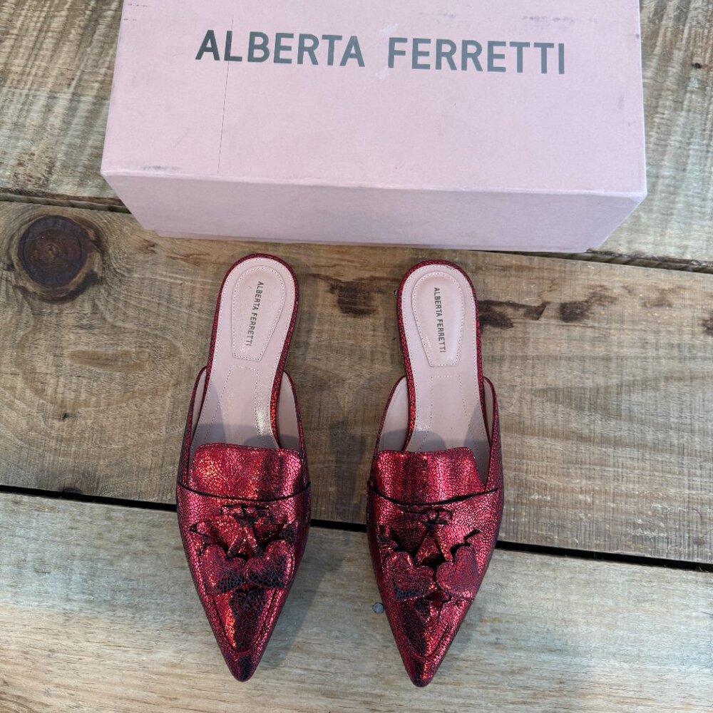 Alberta Ferretti-Red Mia Laminated Leather Mules  NEW W BOX Size 37 - Picture 6 of 11
